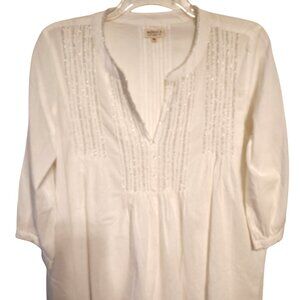 Novica White XL Blouse, Clear Heavily Beaded, Pleated Boho V-Neck Pheasant
